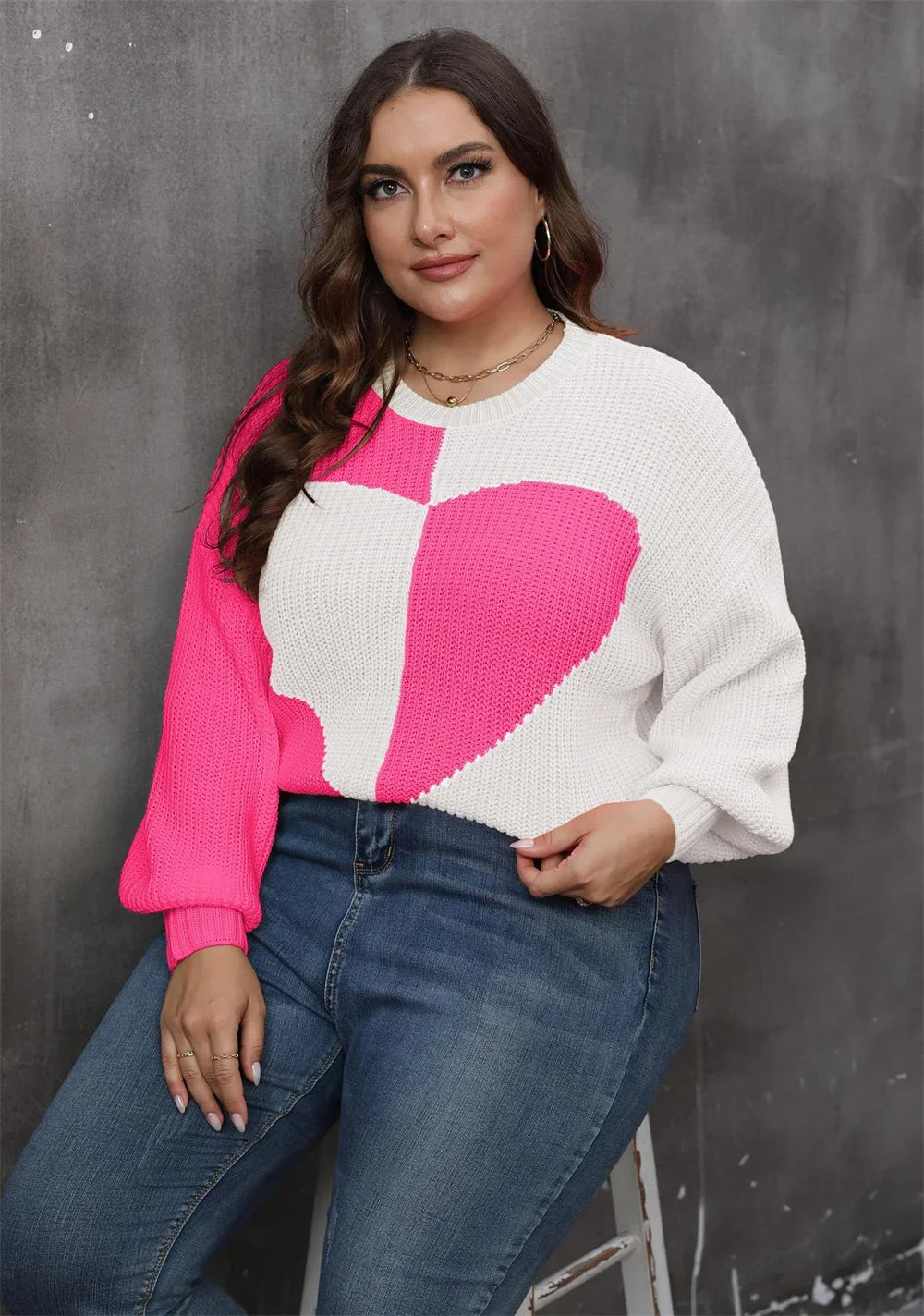 Plus Size Heart Color Block Crew Neck Sweaters Drop Shoulder
