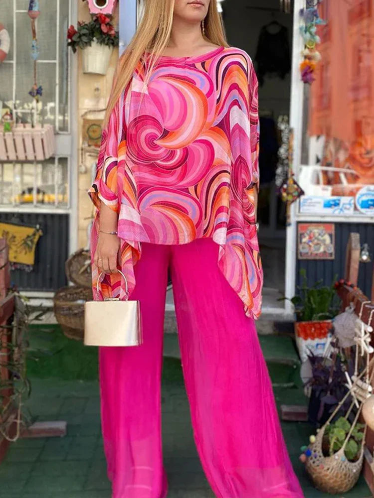 Print Chiffon Two Piece Set Women O Neck Long Sleeve Top Wide Leg Pants