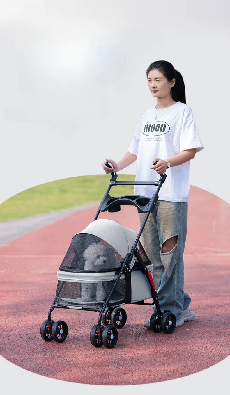 Pet Stroller for Small Dogs Foldable Lightweight Outdoor Travel Carrier with Breathable Mesh and Storage There Is A Dining Plate