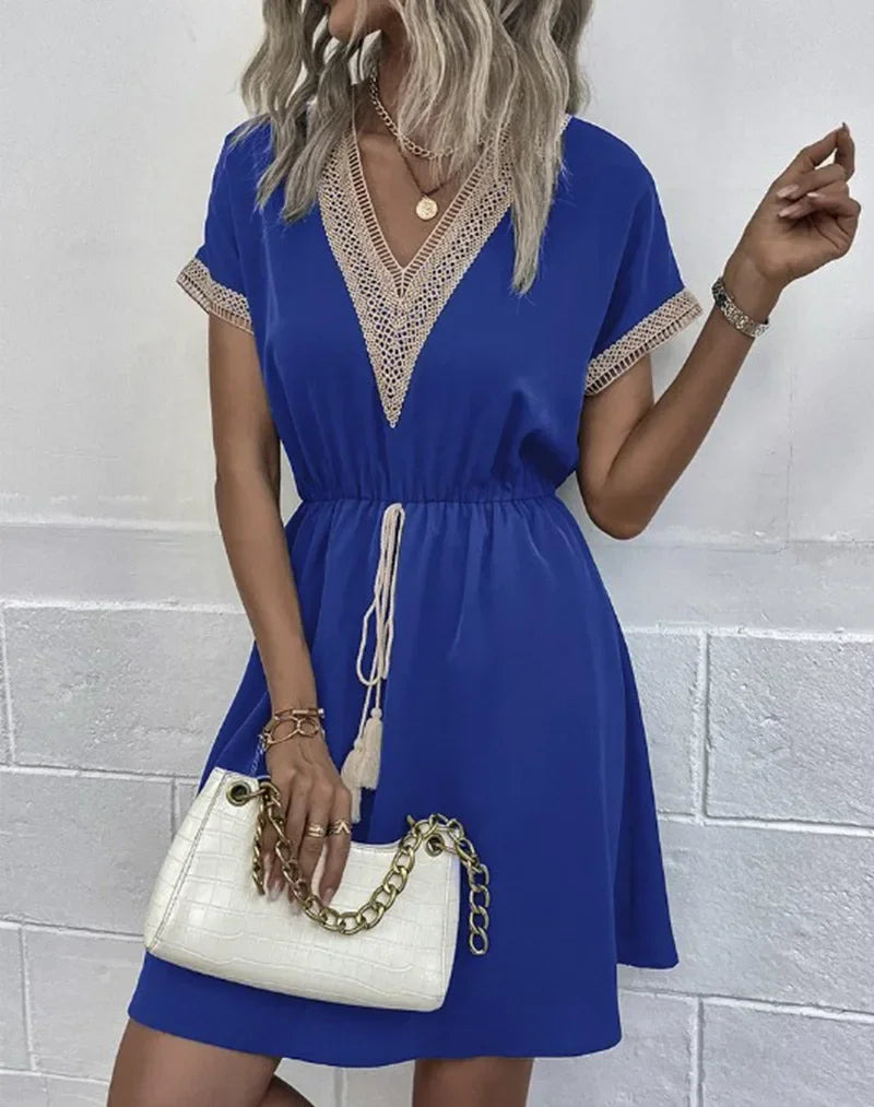 Short Sleeve V-neck Ruffle Waist Cross-border Elastic Waist Dress