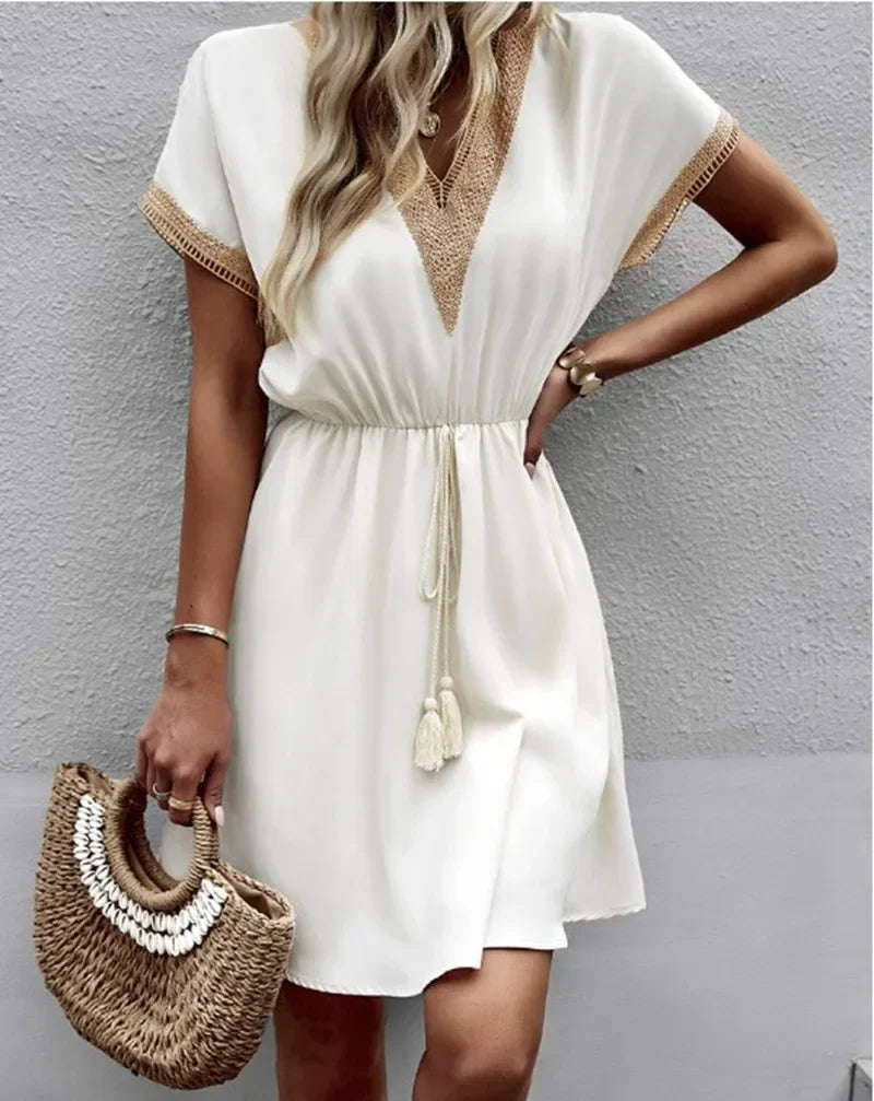 Short Sleeve V-neck Ruffle Waist Cross-border Elastic Waist Dress