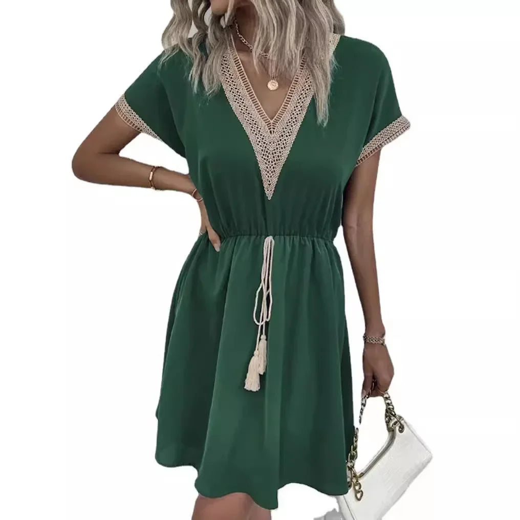 Short Sleeve V-neck Ruffle Waist Cross-border Elastic Waist Dress