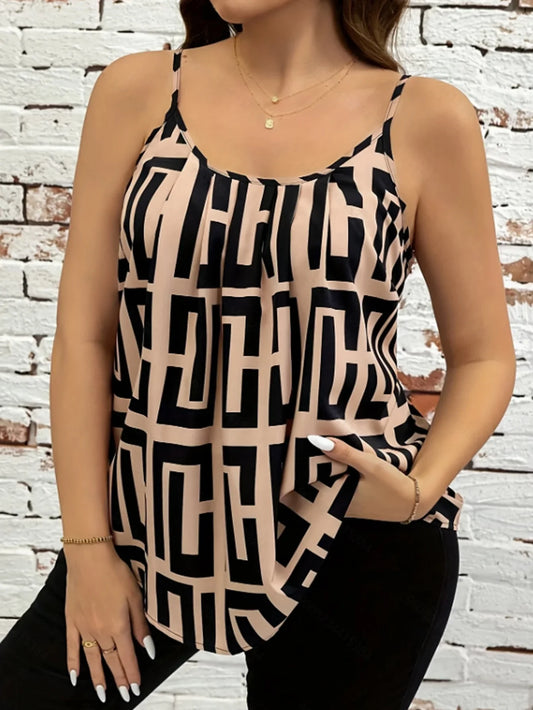 Plus Size Elegant Contrast Printed Suspender Tops