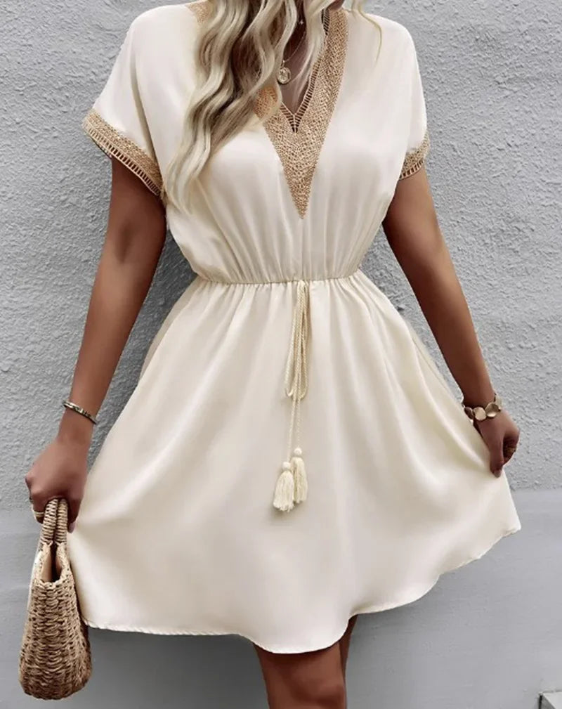 Short Sleeve V-neck Ruffle Waist Cross-border Elastic Waist Dress