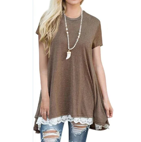 Lace Trim Round Neck Long Sleeve T-Shirt