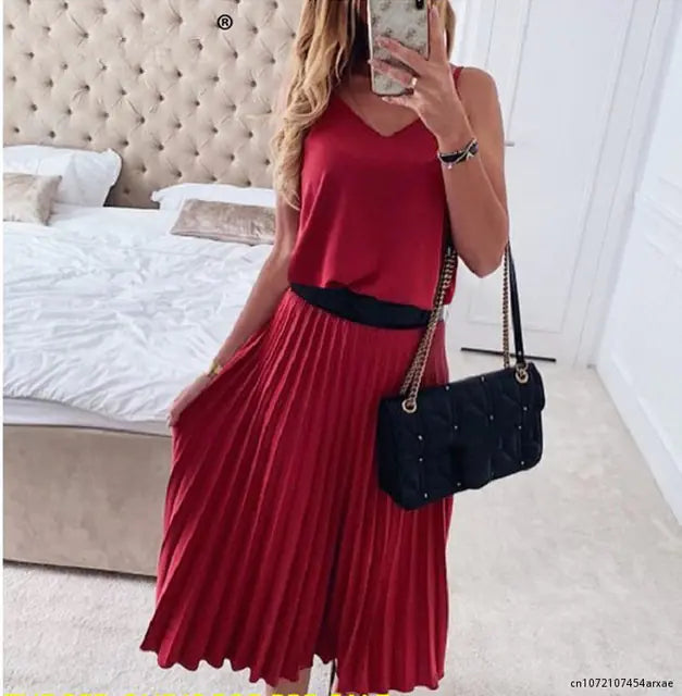 Vintage Summer Strap Pleated V-Neck Midi Dress
