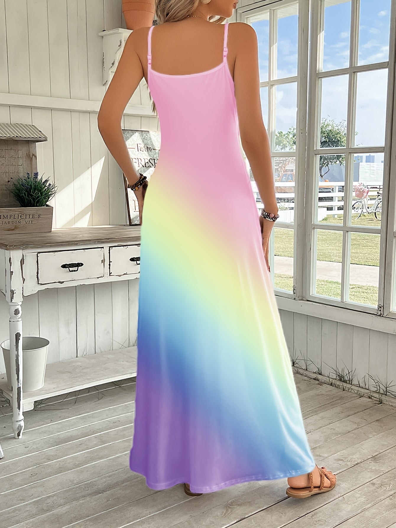 Comfort Style V-Neck Rainbow Gradient Maxi Dress