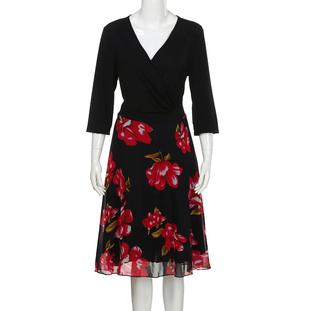 Elegant Plus Size Floral V-Neck Short Sleeve Dress