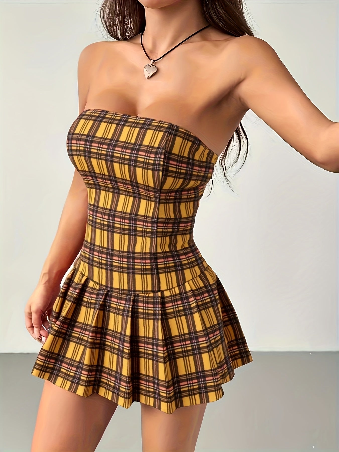 Sexy Yellow Black Plaid Strapless Summer Tube Dress