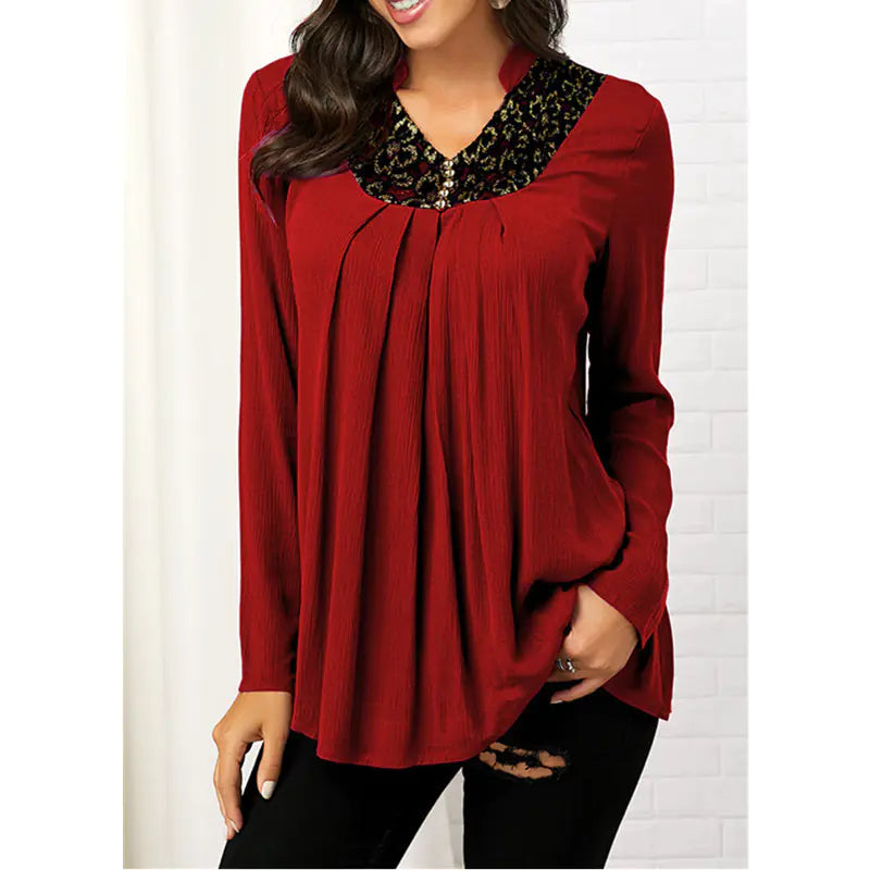 V-Neck Floral Print Long Sleeve Lace Top T-Shirt