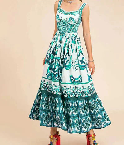 Printed Sleeveless Spaghetti Strap Dress with Waist Control