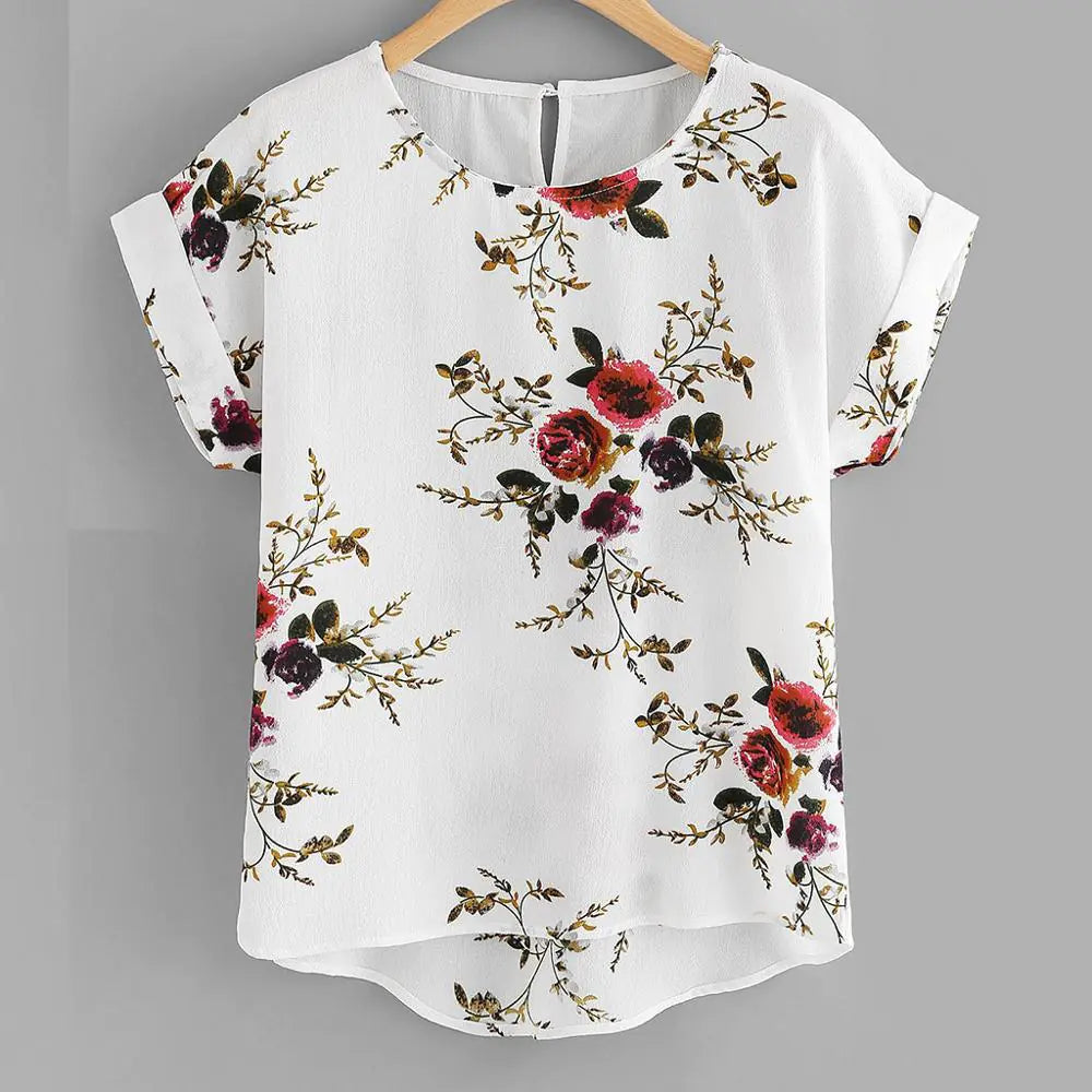 Floral Print O-Neck Blouse for Women Short Sleeve Top