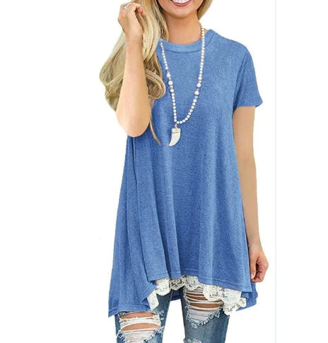 Lace Trim Round Neck Long Sleeve T-Shirt