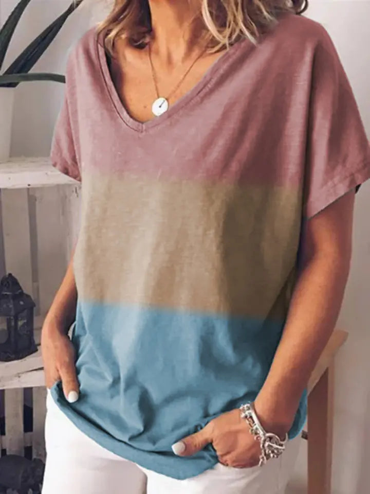 Gradient Color V-Neck Short Sleeve T-Shirt