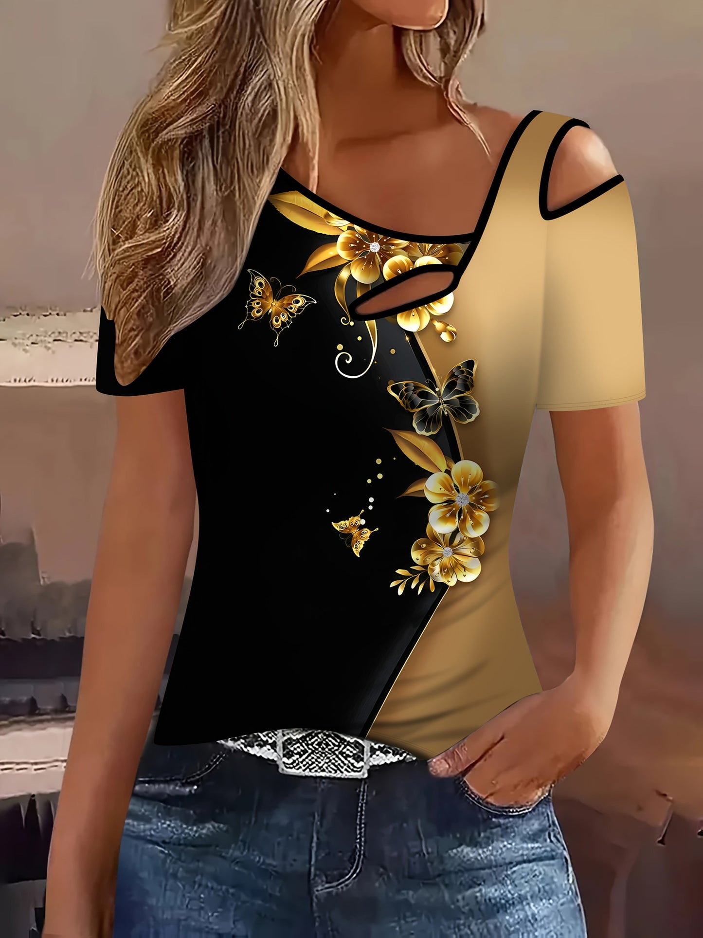 Floral Lace Off Shoulder Tee Elegant Ripped Golden Black
