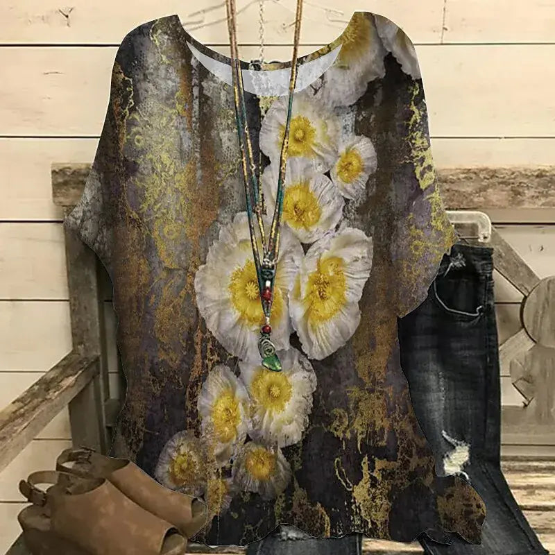 Floral 3D Print Round Neck Women's T-Shirt (Casual)