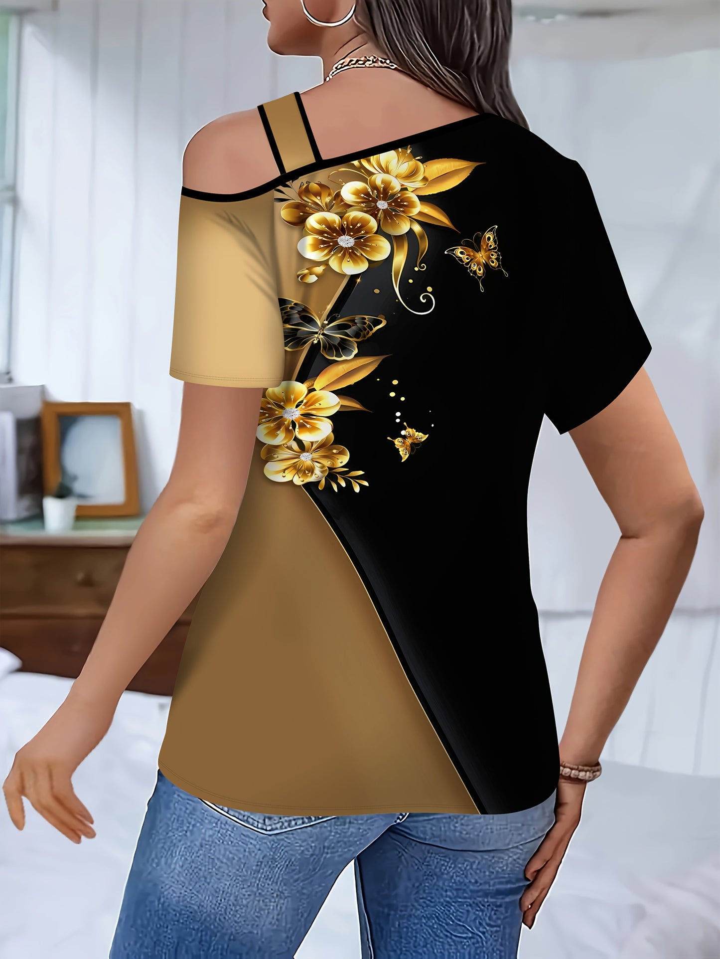 Floral Lace Off Shoulder Tee Elegant Ripped Golden Black