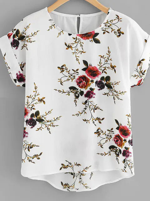 Floral Print O-Neck Blouse for Women Short Sleeve Top