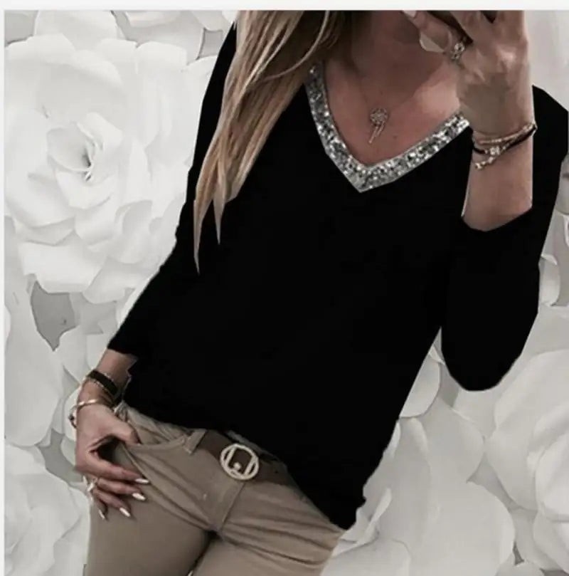Plus Size Women's Sequin Long Sleeve V Neck T-shirt
