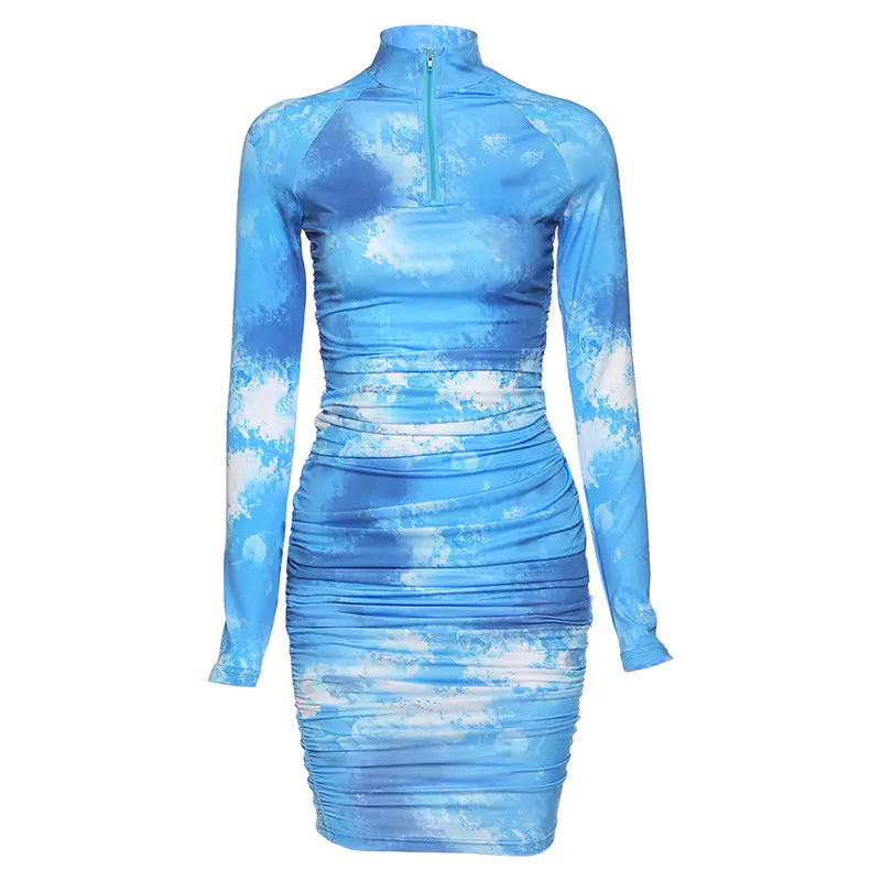 Fashionable Printed Long Sleeve Dress with Round Neck