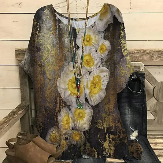 Floral 3D Print Round Neck Women's T-Shirt (Casual)