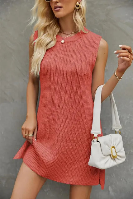 Women's Solid Color Round Neck Knit Dress with Slit