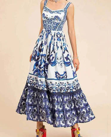Printed Sleeveless Spaghetti Strap Dress with Waist Control