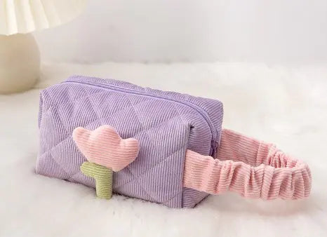Set for Travel Corduroy Flower Makeup Bag and Beauty