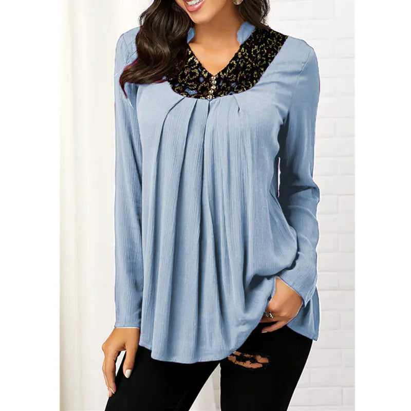 V-Neck Floral Print Long Sleeve Lace Top T-Shirt