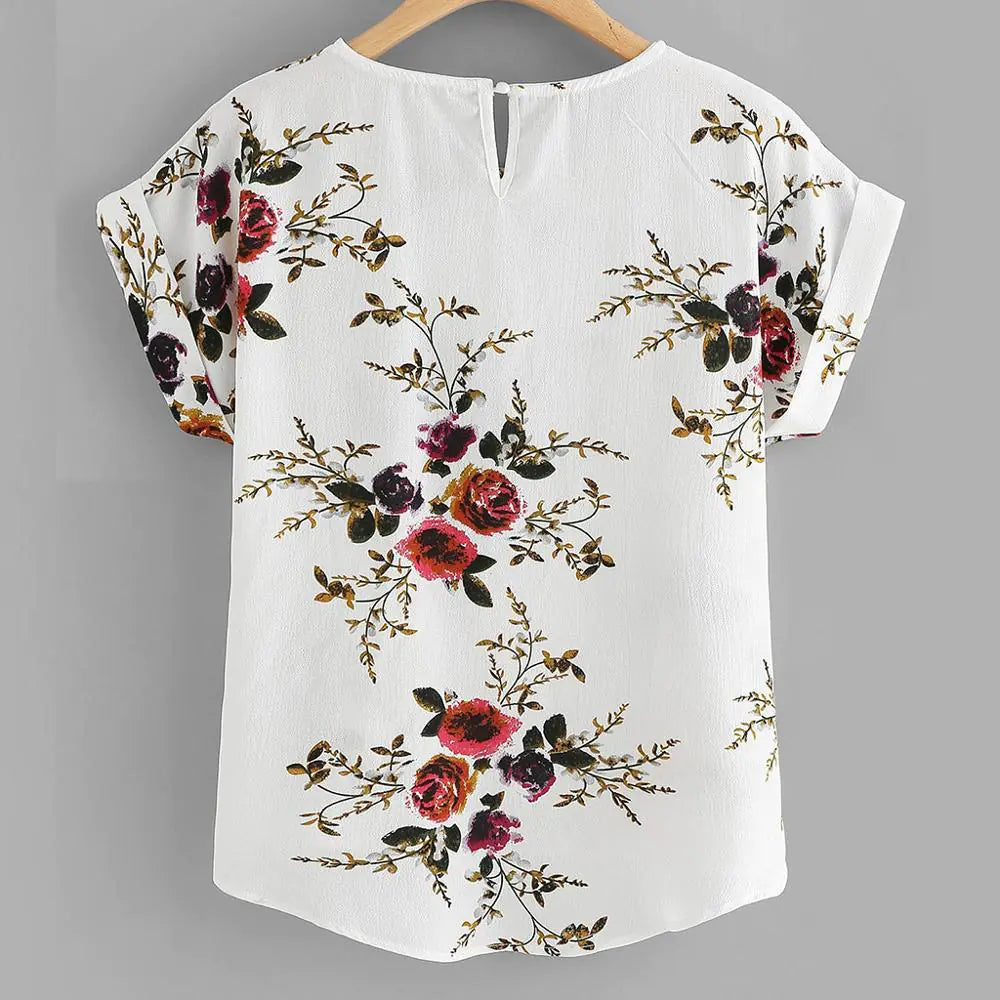 Floral Print O-Neck Blouse for Women Short Sleeve Top