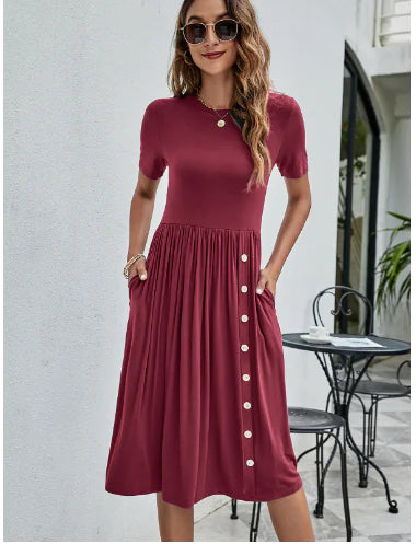 Solid Color Button Pocket Casual Women's Dress