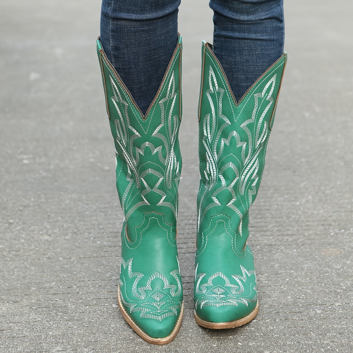 Mid Calf Women's V-cut Embroidery Western Cowgirl Boots