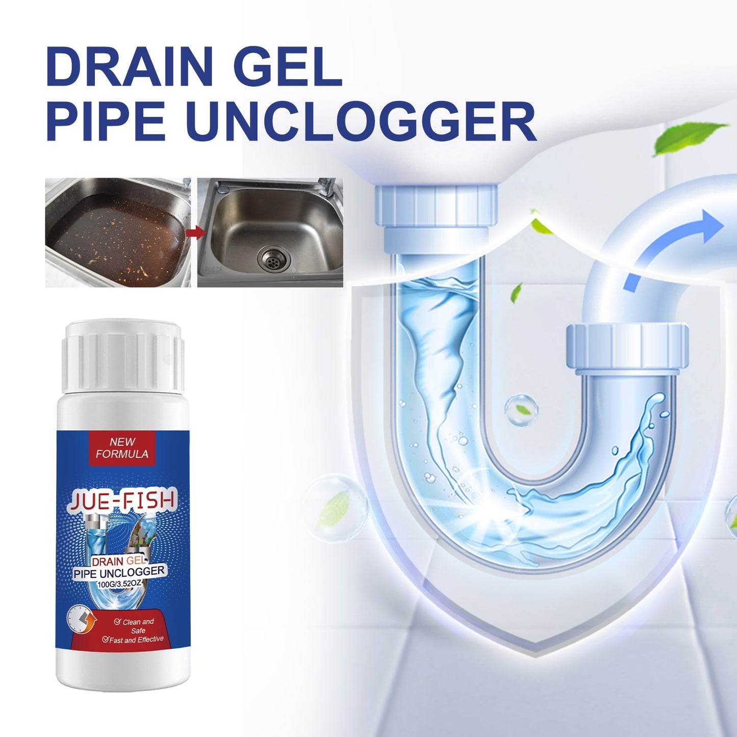JUE-FISH Drain Gel Pipe Unclogger, Kitchen Bathroom Sewer Odor Cleaning Dissolves Dredging To Prevent Clogging