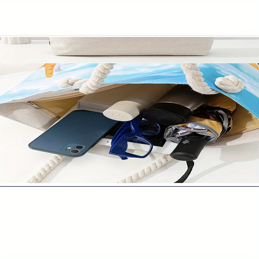 Durable Zipped Stylish Essential Vibrant Coastal Print Beach Tote Bag