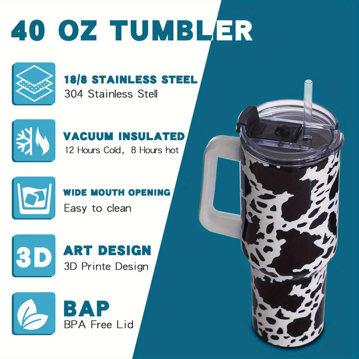 Gome Cow Print 40oz Tumbler Insulated with Handle  Straw