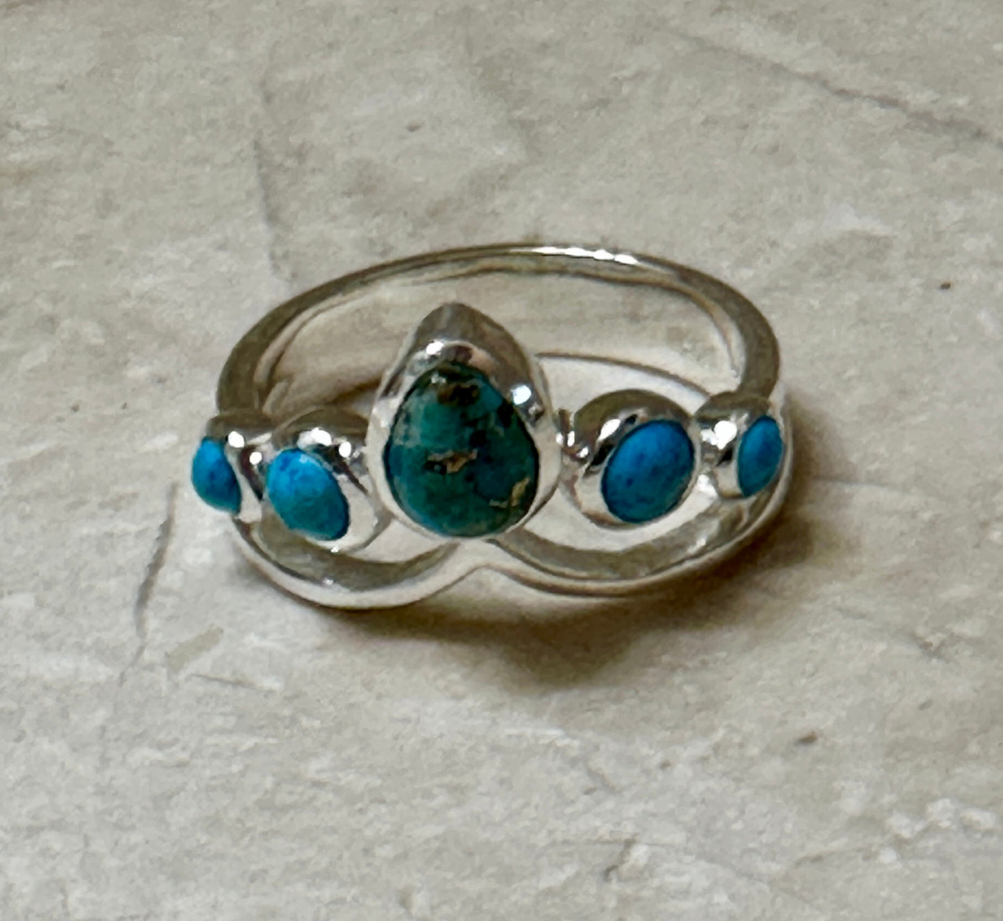 Four Stone Blue Copper Turquoise Sterling Silver Ring Size 8.5