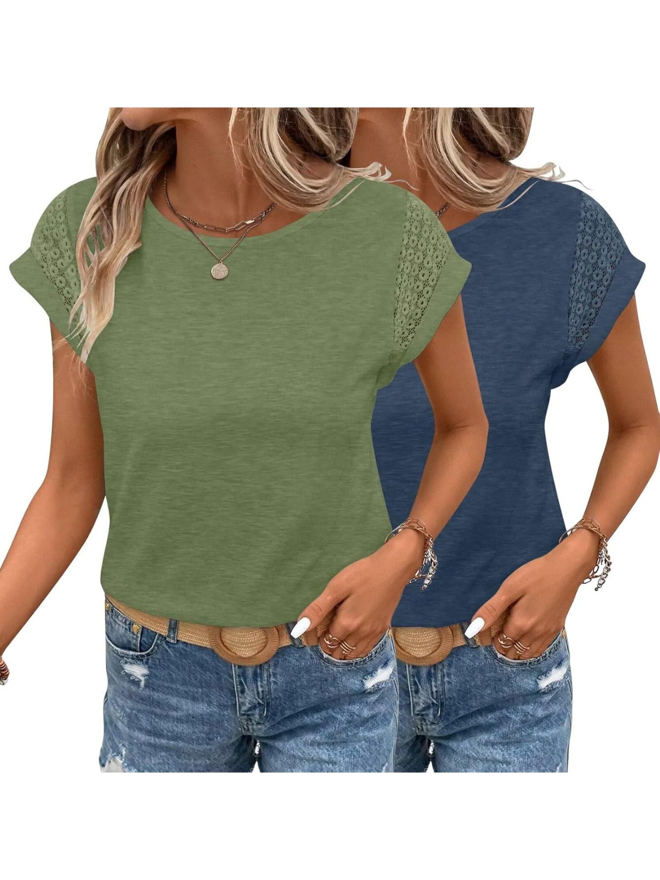 Two Pack Trendy Lace Trimmed Cap Sleeve Tops