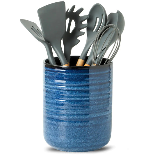 Hasense Kitchen Utensil Holder 7.4" x 6.2" Ceramic Utensil Holder for Countertop Stable Cooking Utensil Organizer Crock for Spatula Modern Kitchen Decor for Christmas Blue