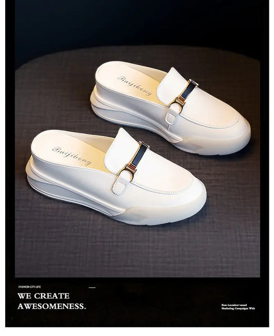 Women's Leather White Platform Sandals - Baotou Style