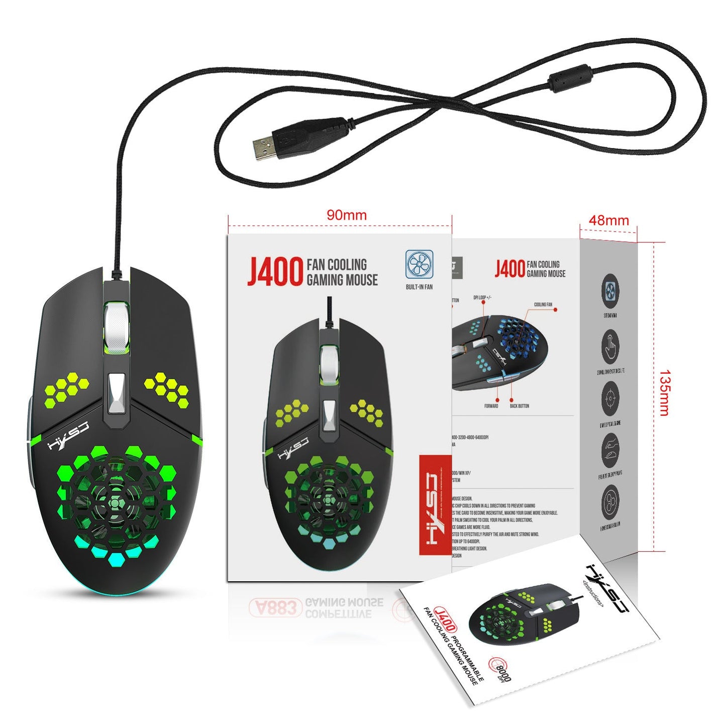 J400 new fan macro programming wired hole gaming mouse 8000dpi adjustable anti sweat design