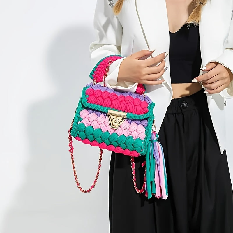 Boho Crochet Tassel Crossbody Chic Mini Color block Bag