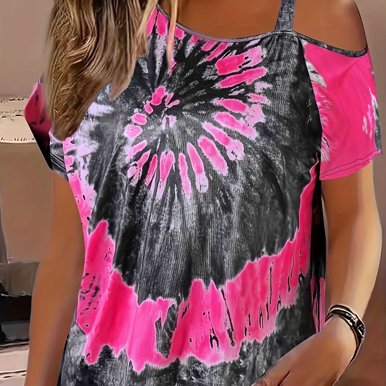 Pink  Black TieDye Cold Shoulder Tee