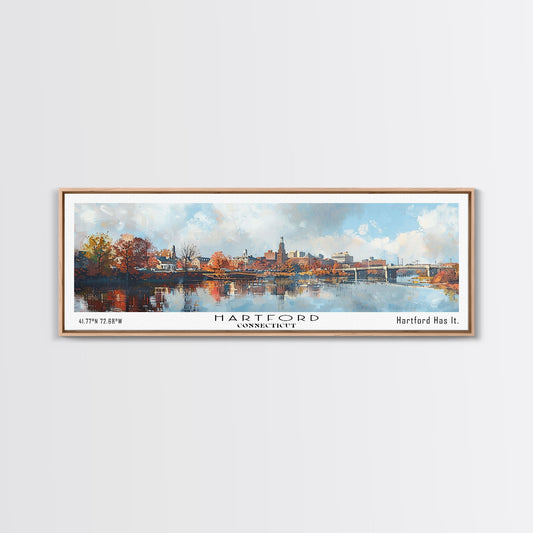 Hartford Connecticut Panoramic Watercolor Painting, Urban Framed Canvas Print, Cityscape Wall Art for Office, Travel Decor, Home Gift Idea