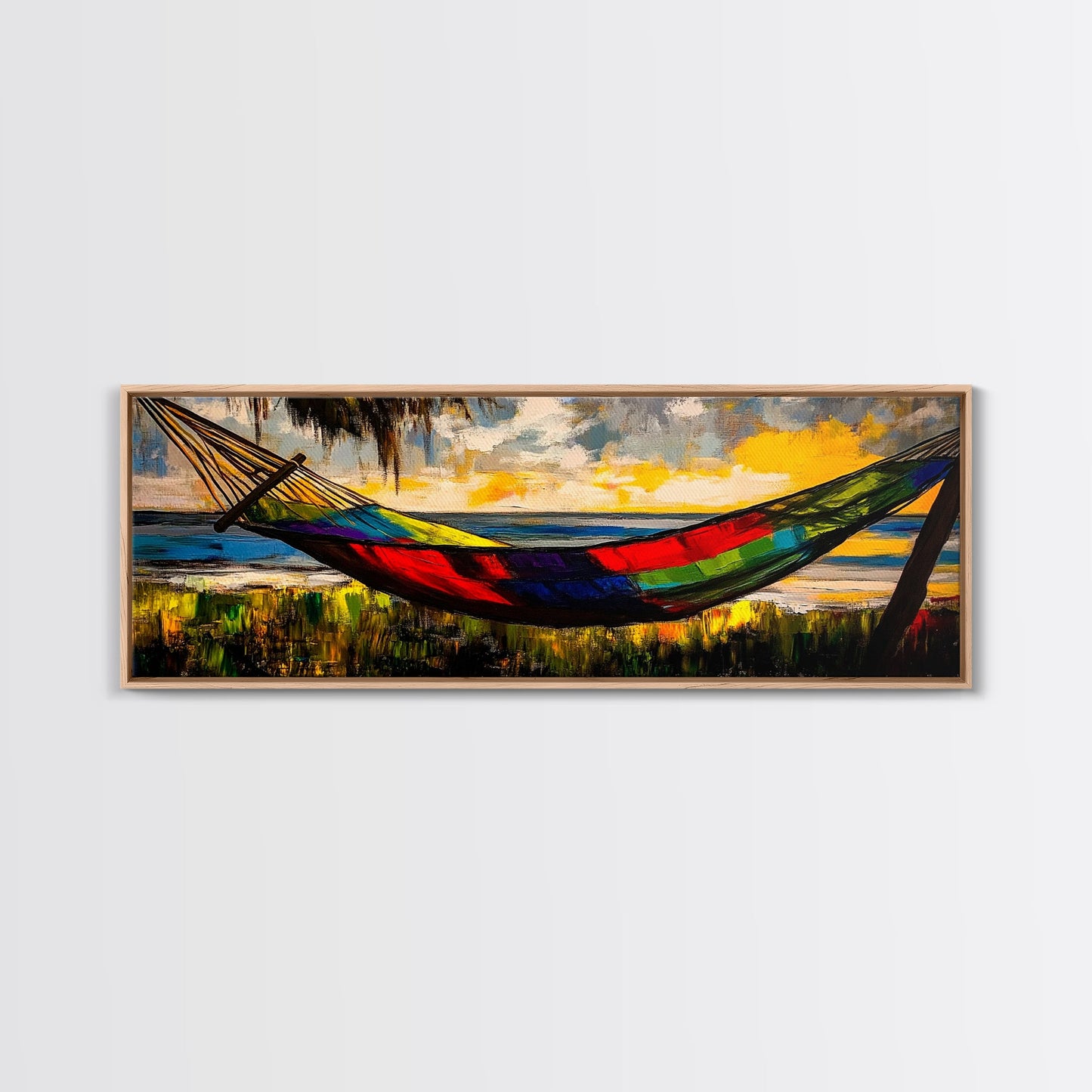 Hammock by the Beach, Tropical Sunset Painting, Relaxing Seaside Artwork, Vibrant Summer Wall Decor, Coastal Retreat, Canvas Print