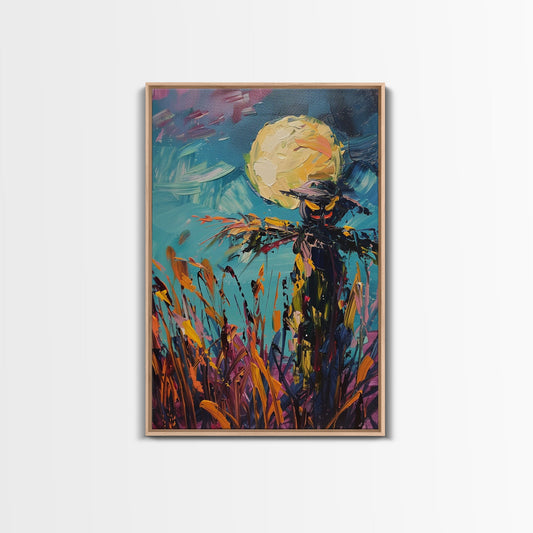 Halloween Spooky Scarecrow Under Full Moon Framed Canvas Print, Haunted Field Wall Art, Home Decor, Seasonal Decor, Gift Idea, Harvest Night