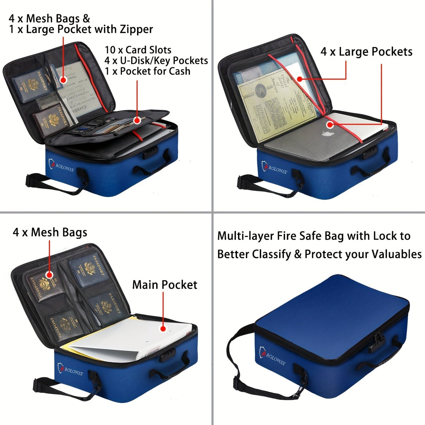 Fireproof Document Bag with Lock  Reflective Strip
