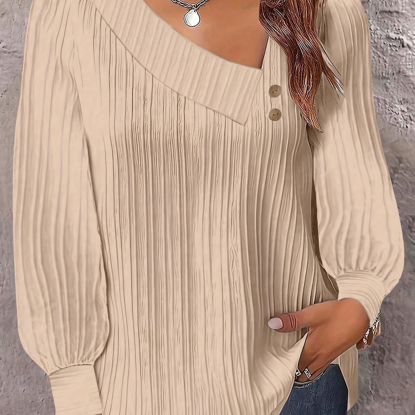 Chic Plus Size V-Neck Blouse Decorative Buttons Glossy  Top