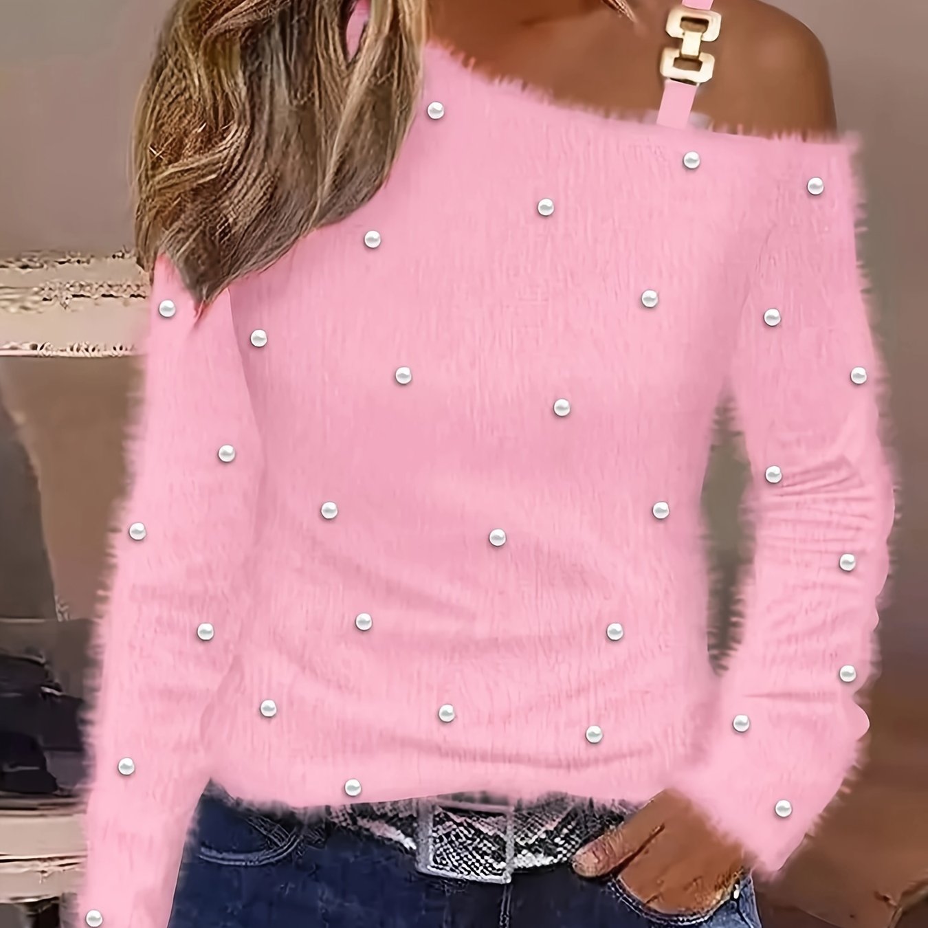 Elegant Pearl Beaded OffShoulder Top