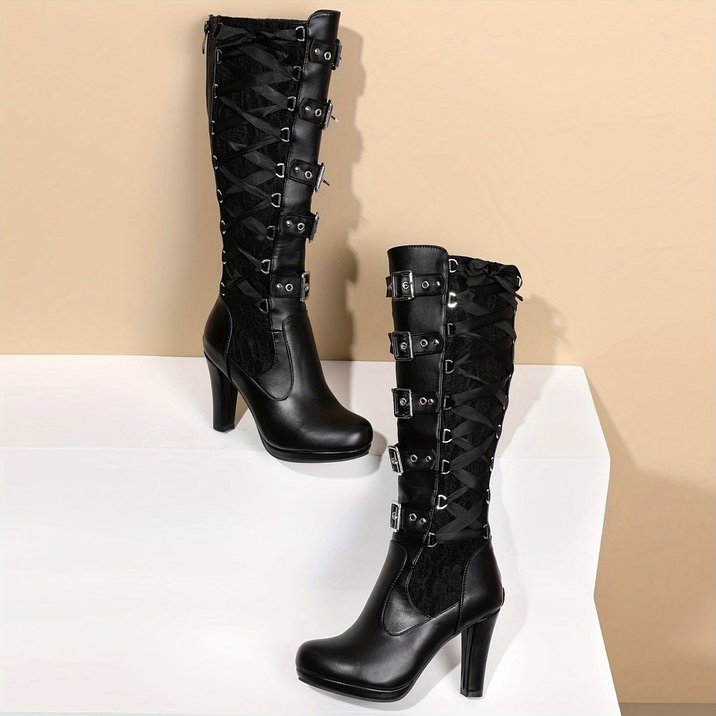 Platform Punk Tall Goth Buckled KneeHigh Boots
