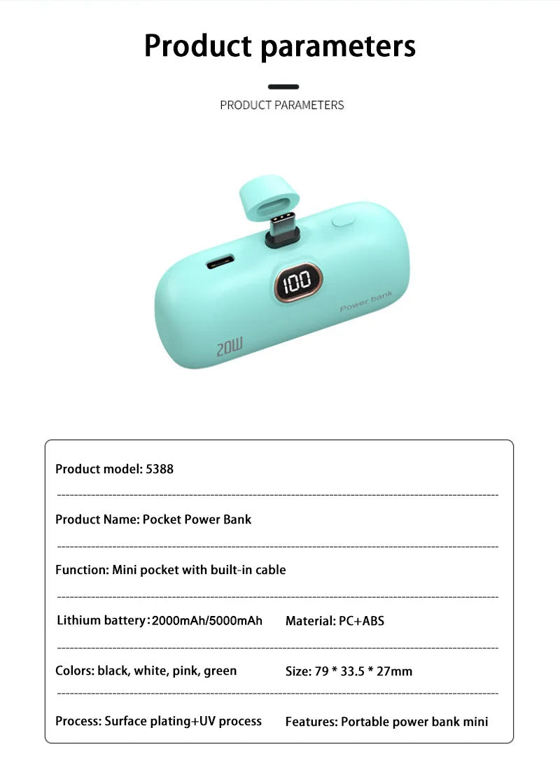 Mini Power Bank 2000/5000mAh Built Cable Portable Mobile Charger Fast Charger